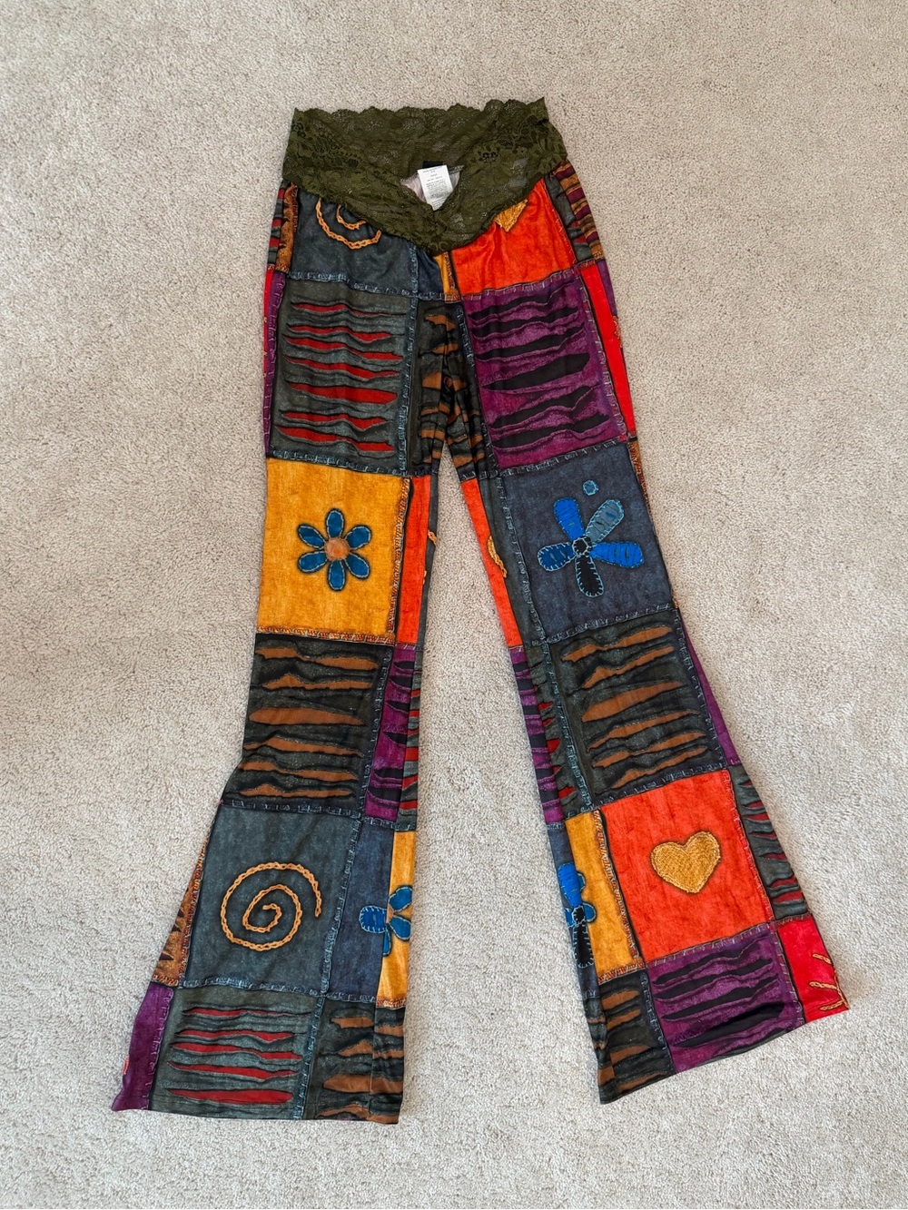 Bohemian Patchwork Hippie Flare Leggings with Olive Lace Waistband